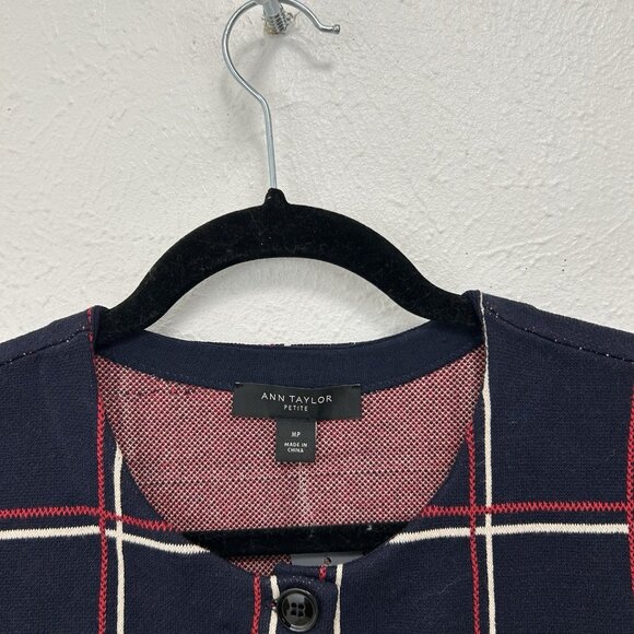 Ann Taylor Cardigan Sweater Windowpane Check Red Blue Button Down Career Size MP - Picture 6 of 10